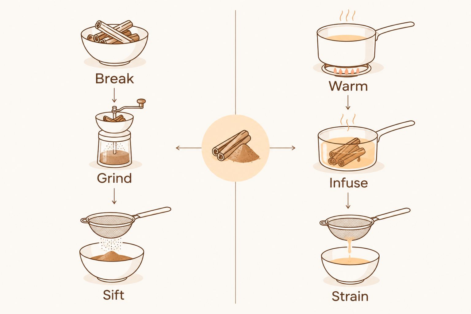 Two cinnamon preparation routes: break, grind, and sift; or warm, infuse, and strain.