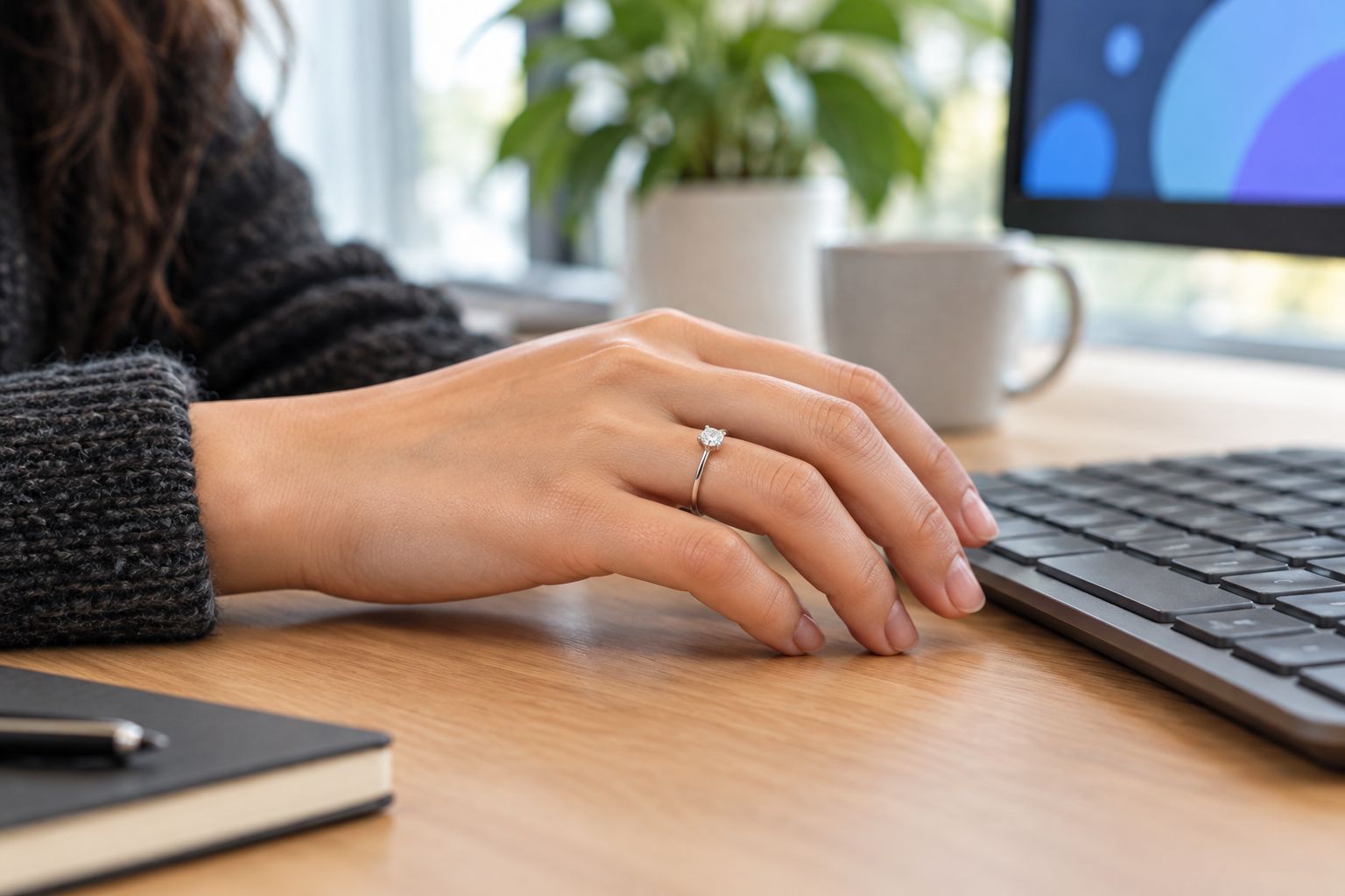 Side view of a low-profile ring on a relaxed hand beside a keyboard