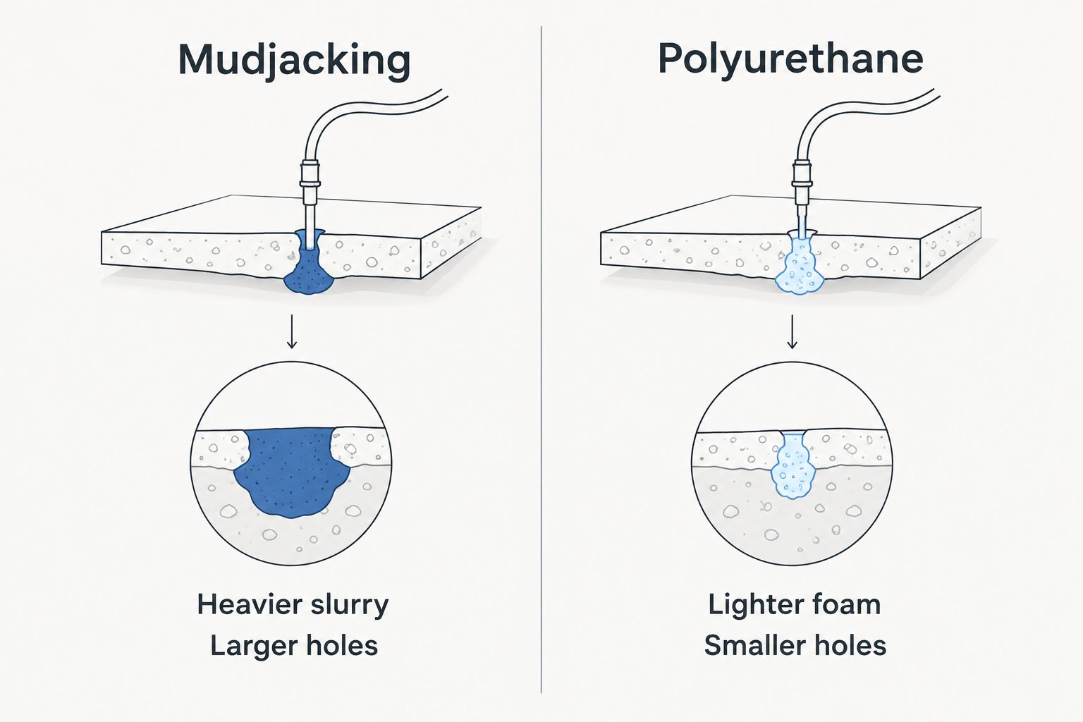 Comparison of mudjacking's heavier slurry and larger holes with polyurethane's lighter foam and smaller holes