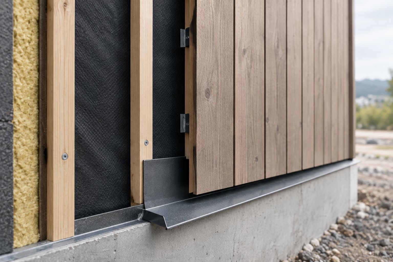 Partially installed exterior wood cladding showing vertical battens and an open base drainage outlet
