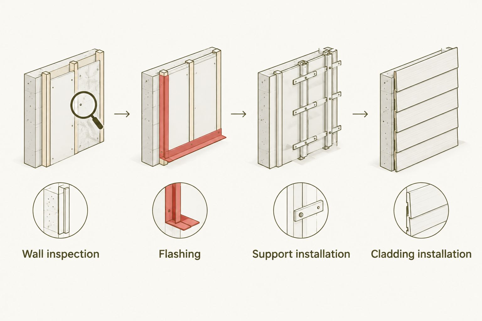 Sequence showing wall inspection and flashing before support and cladding installation