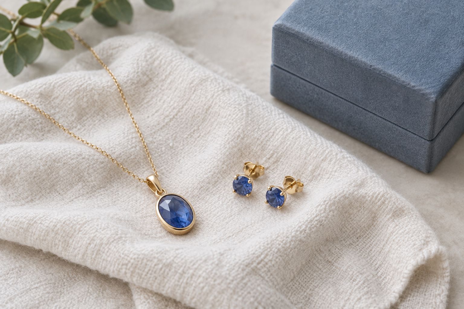 Gemstone pendant and earrings resting separately on a soft cloth before storage