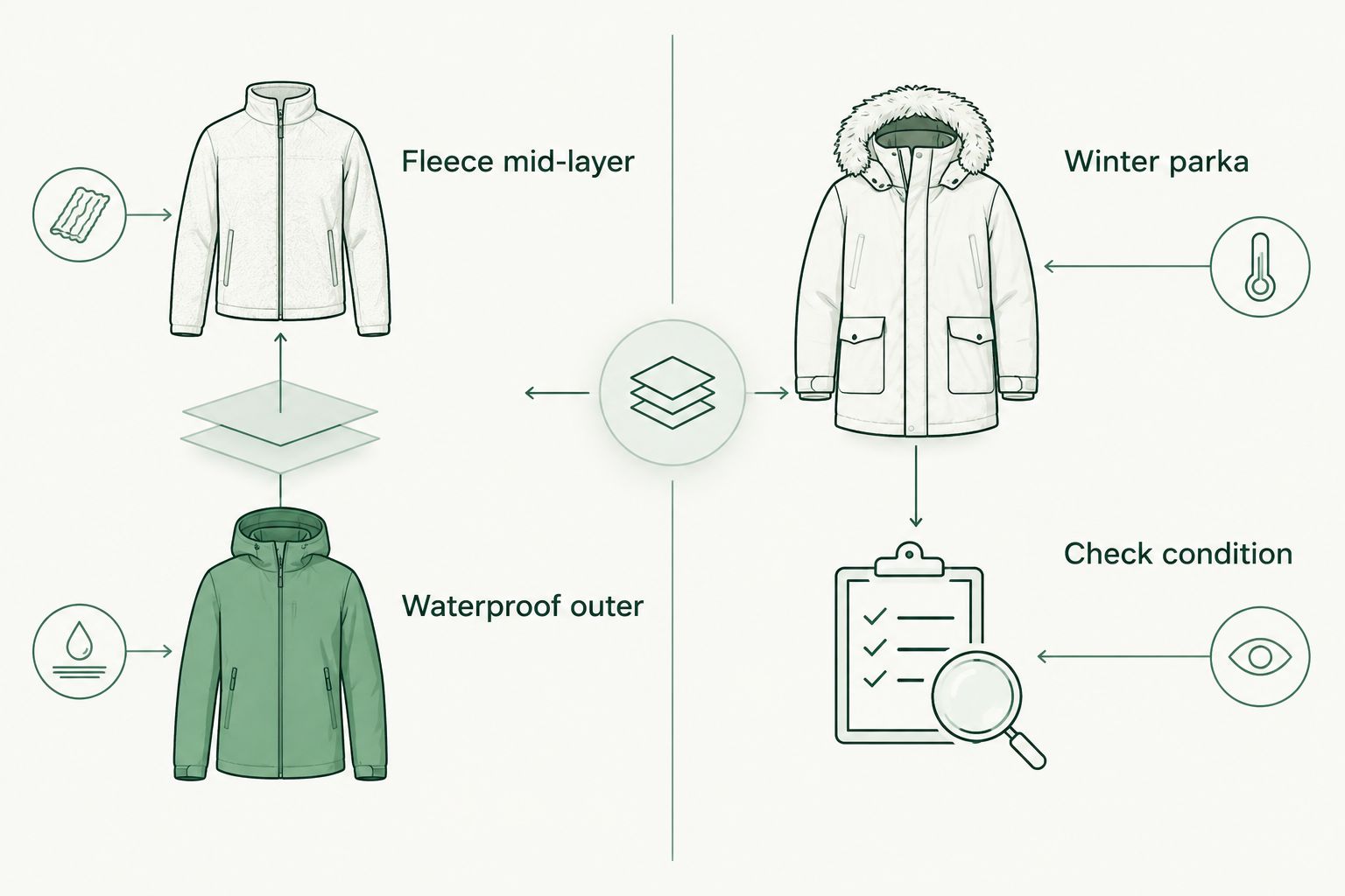 Comparison of a fleece and waterproof shell setup with a winter parka