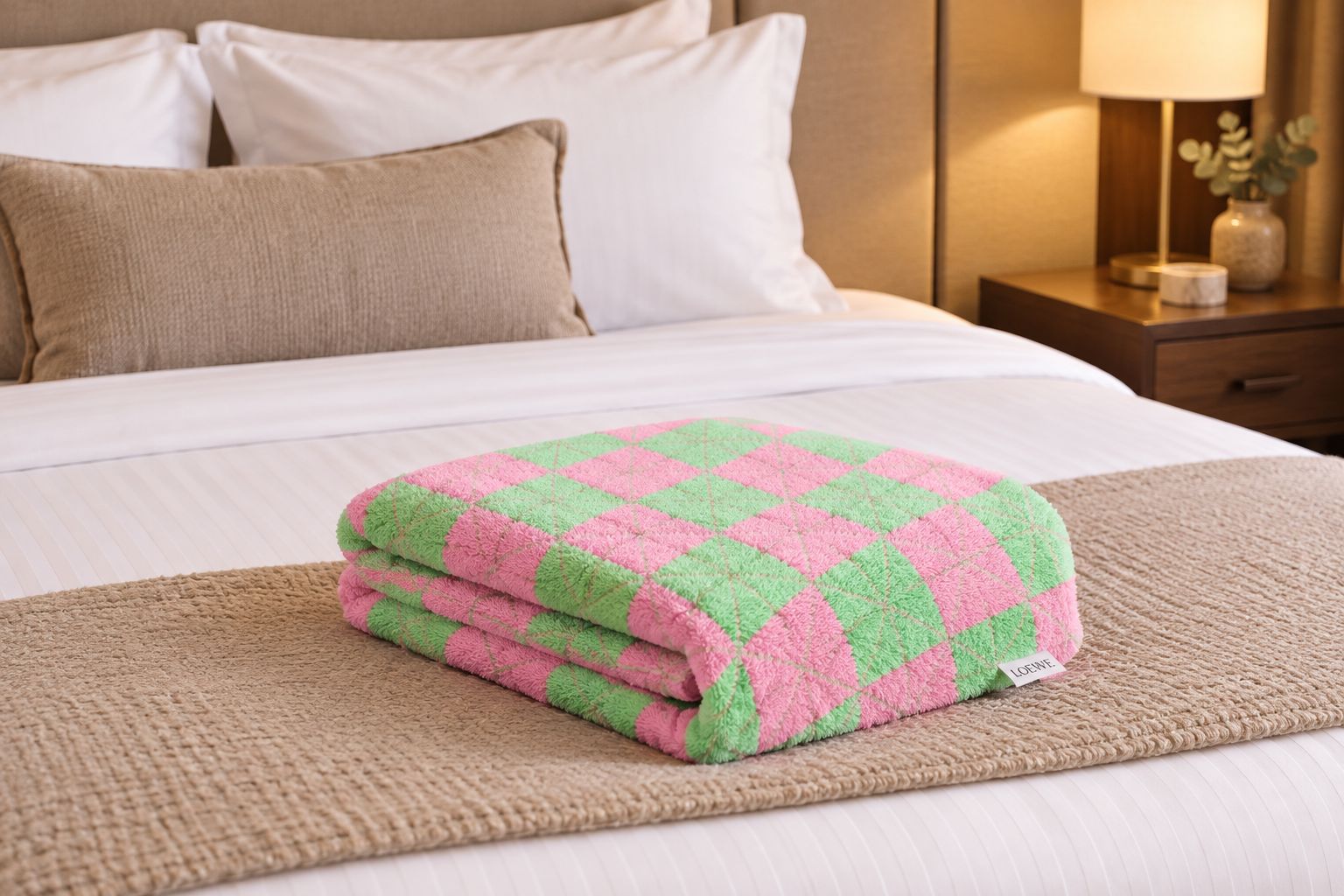 Reversible throw blanket folded at the foot of a boutique hotel suite bed