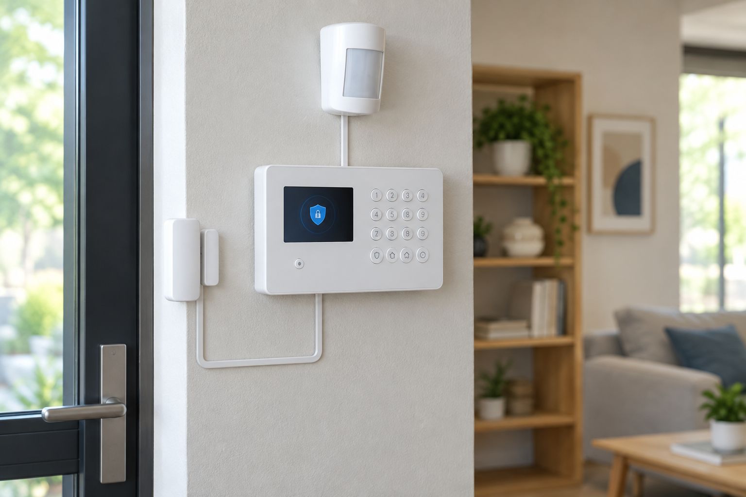 Intruder alarm control panel with door contact and motion sensor installed