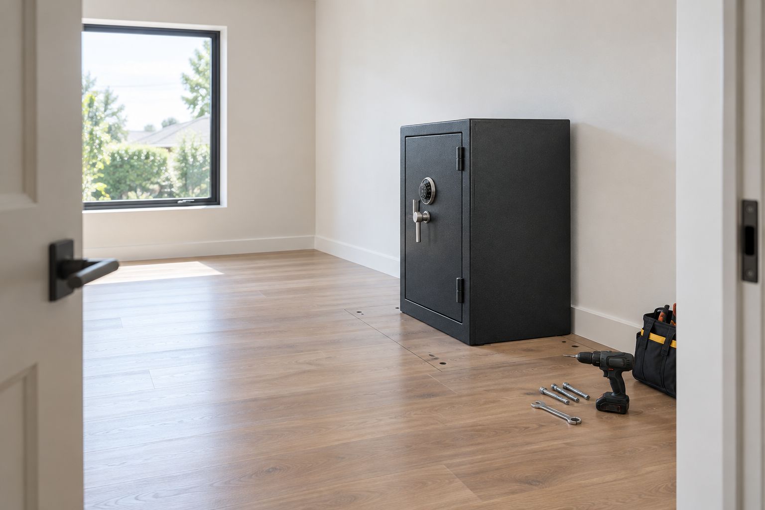 Safe positioned in a room before its fixing location is assessed