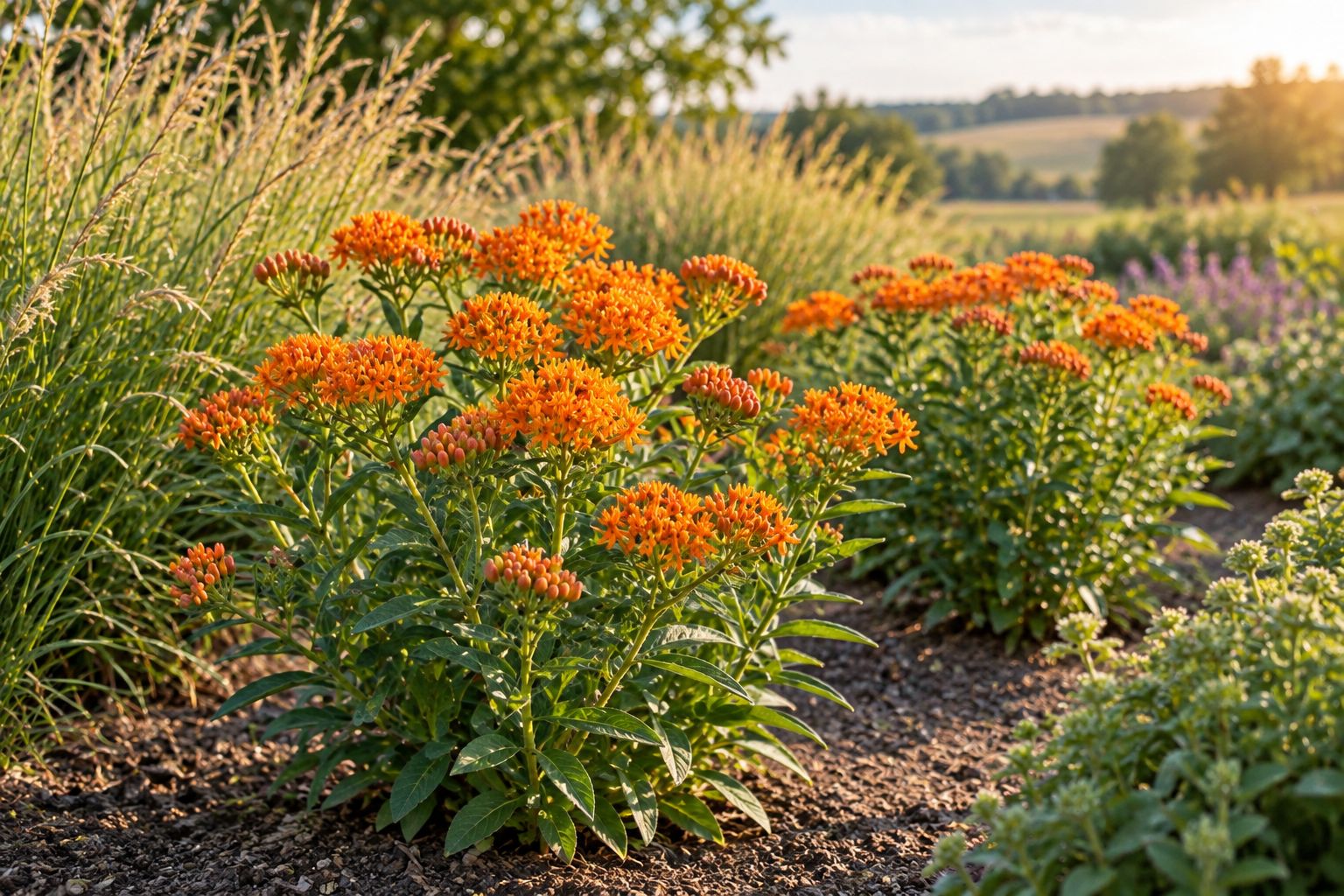 Orange butterfly milkweed in a sunny bed with space around its stems