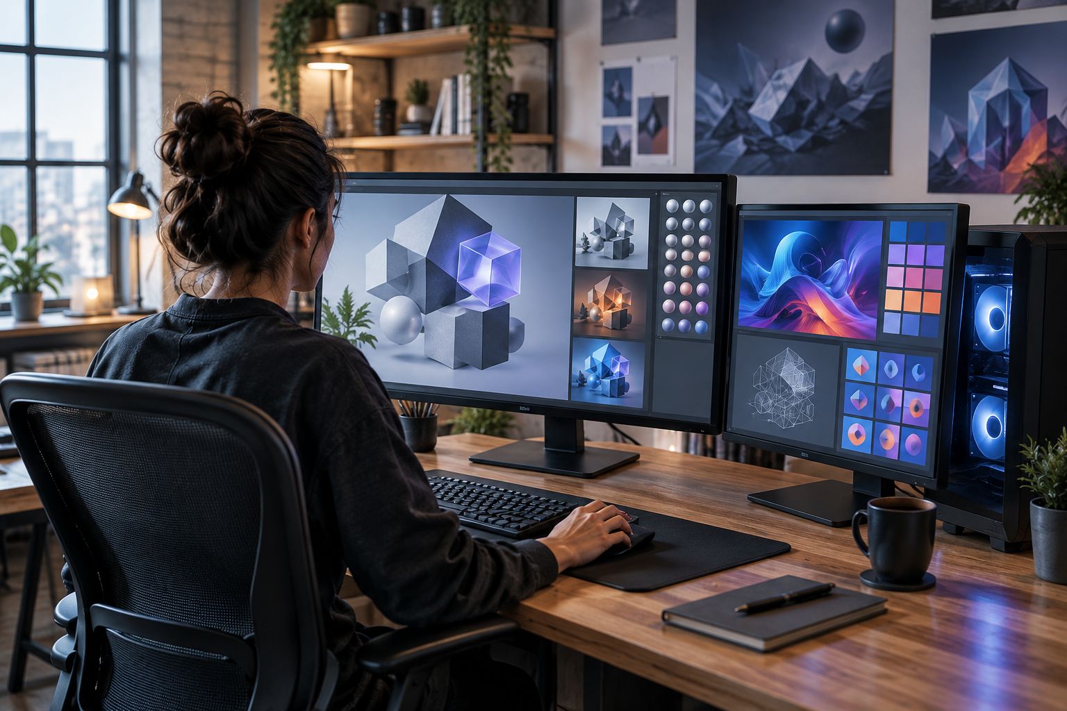 Creator workstation with a centred main display and an angled secondary tool display