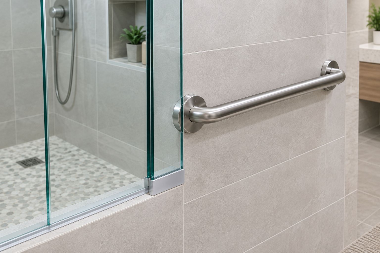 Wall-mounted grab bar separated from a frameless shower door and its bottom sweep