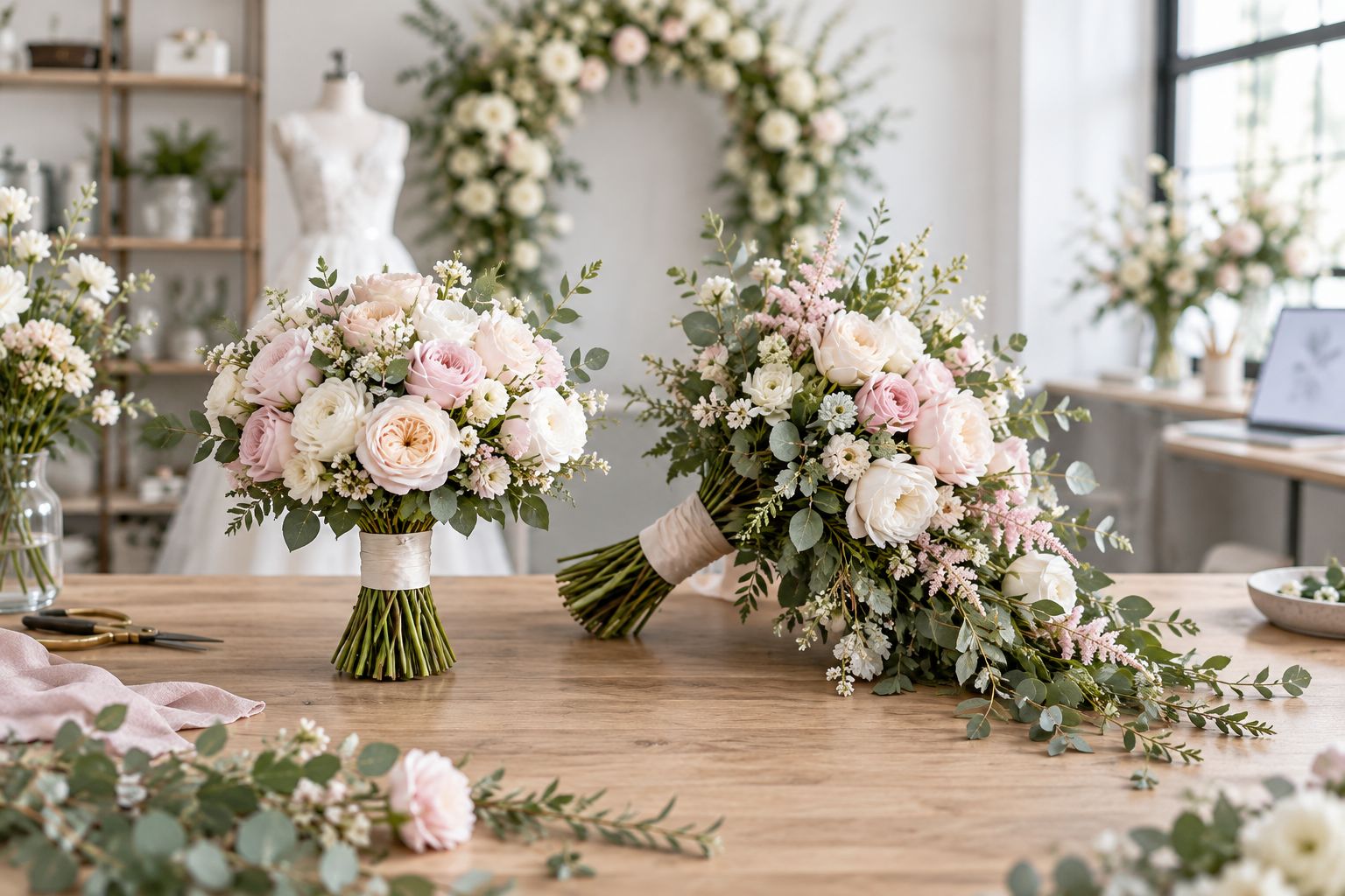 Rounded and cascading bridal bouquets showing different outlines and carrying grips