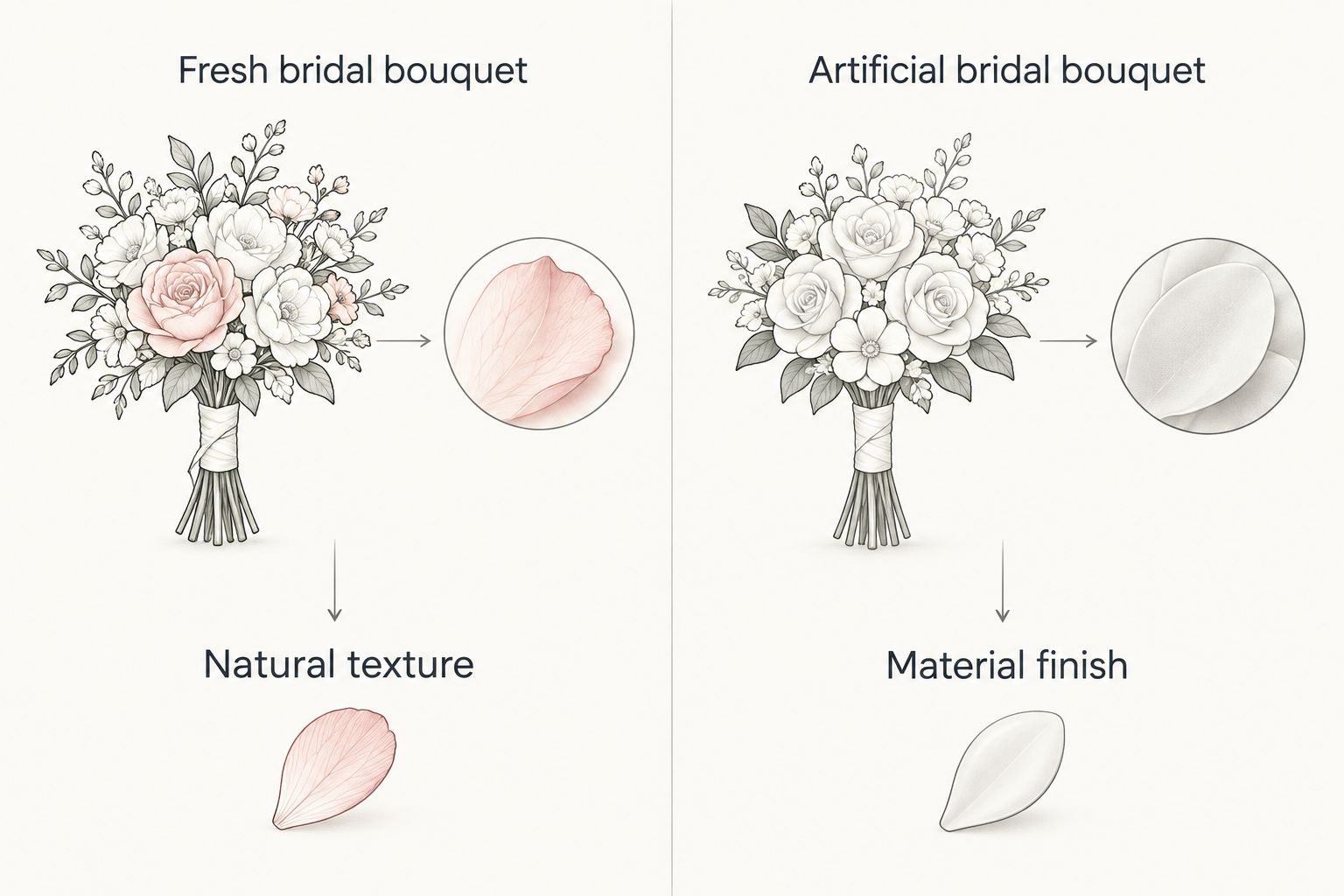 Fresh and artificial bridal bouquets compared by natural texture and material finish