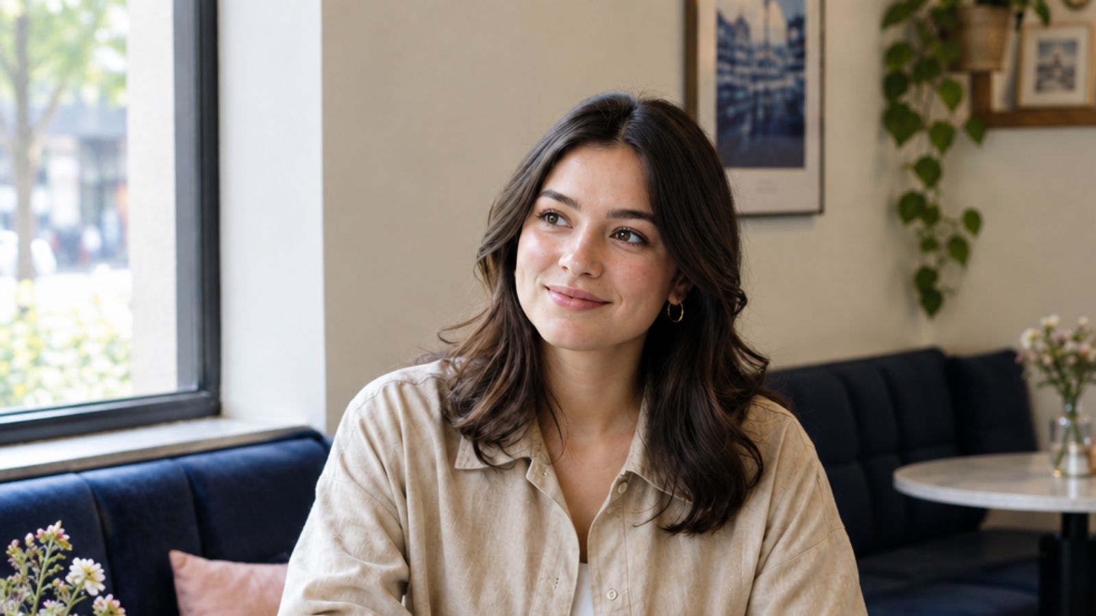 Creator with her full face visible in a cafe, wearing a beige overshirt