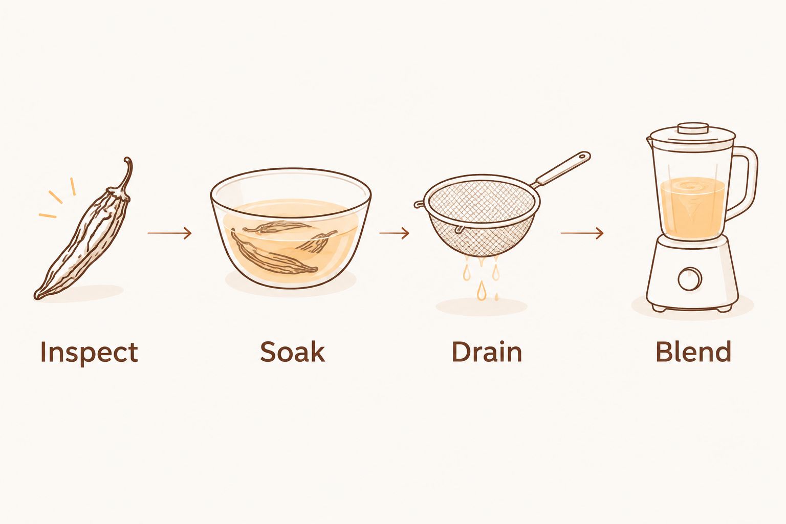 Four steps for rehydrating dried ghost peppers: inspect, soak, drain, and blend.