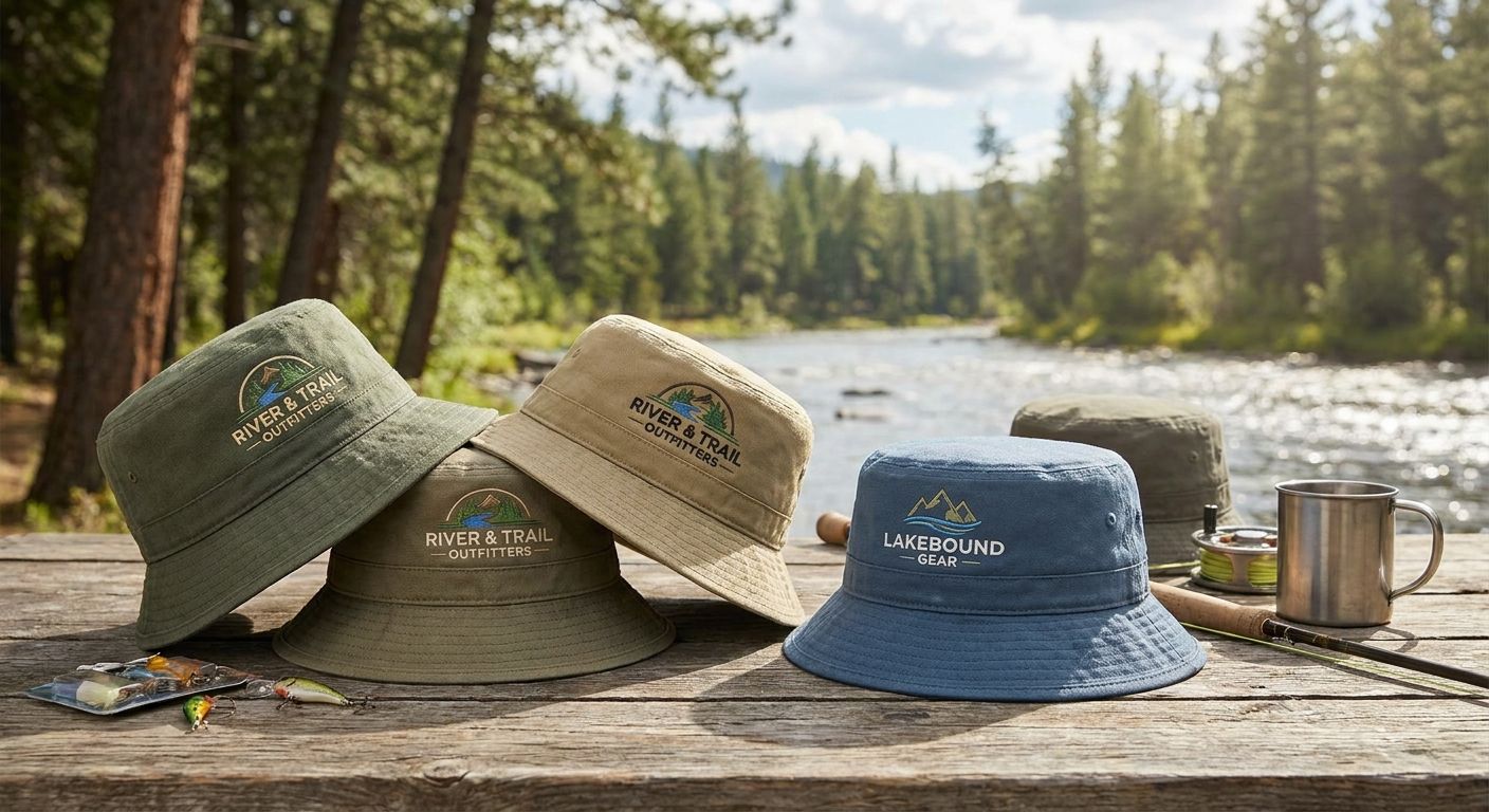 Custom bucket hats for fishing and outdoor brand merch