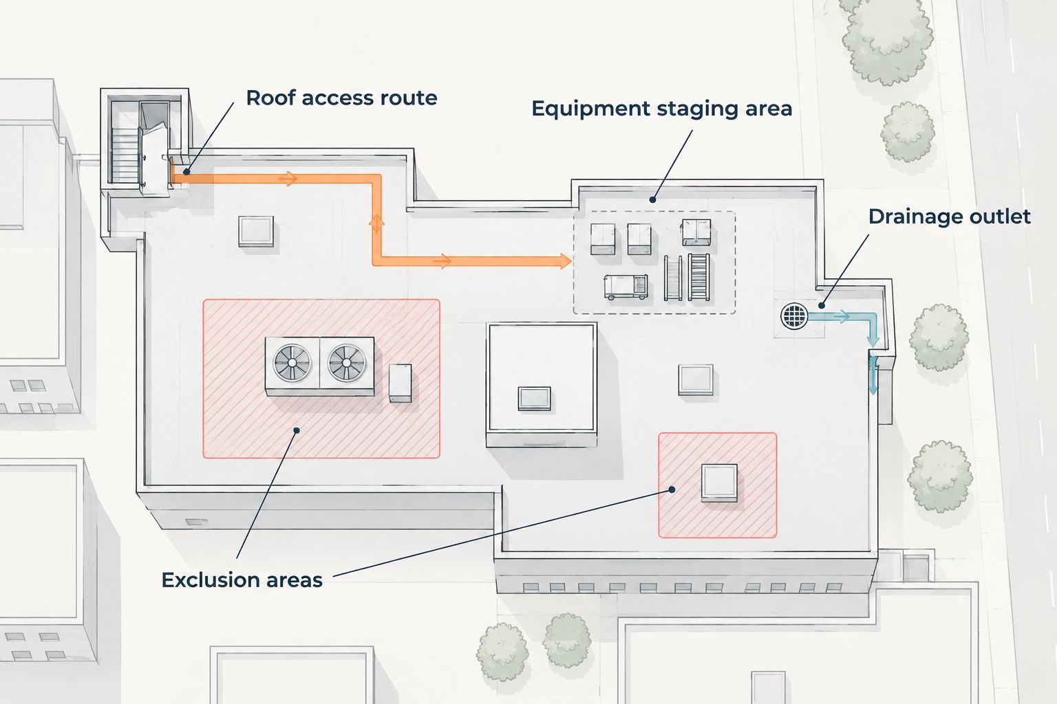 Site-plan diagram showing roof access, equipment staging, drainage outlet, and exclusion areas.