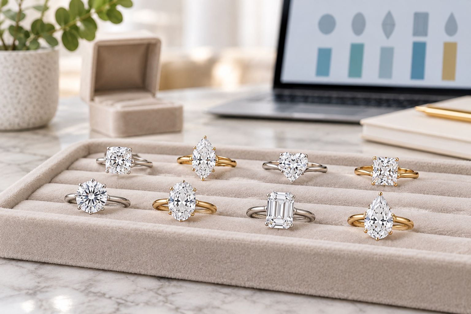 Engagement rings with round, oval, and emerald-cut diamonds on a velvet tray