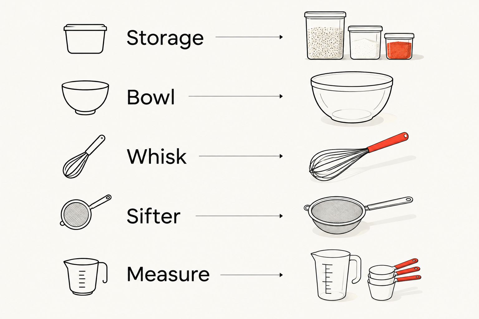 Five checks covering storage, bowl, whisk, sifter and measure before choosing a first purchase.