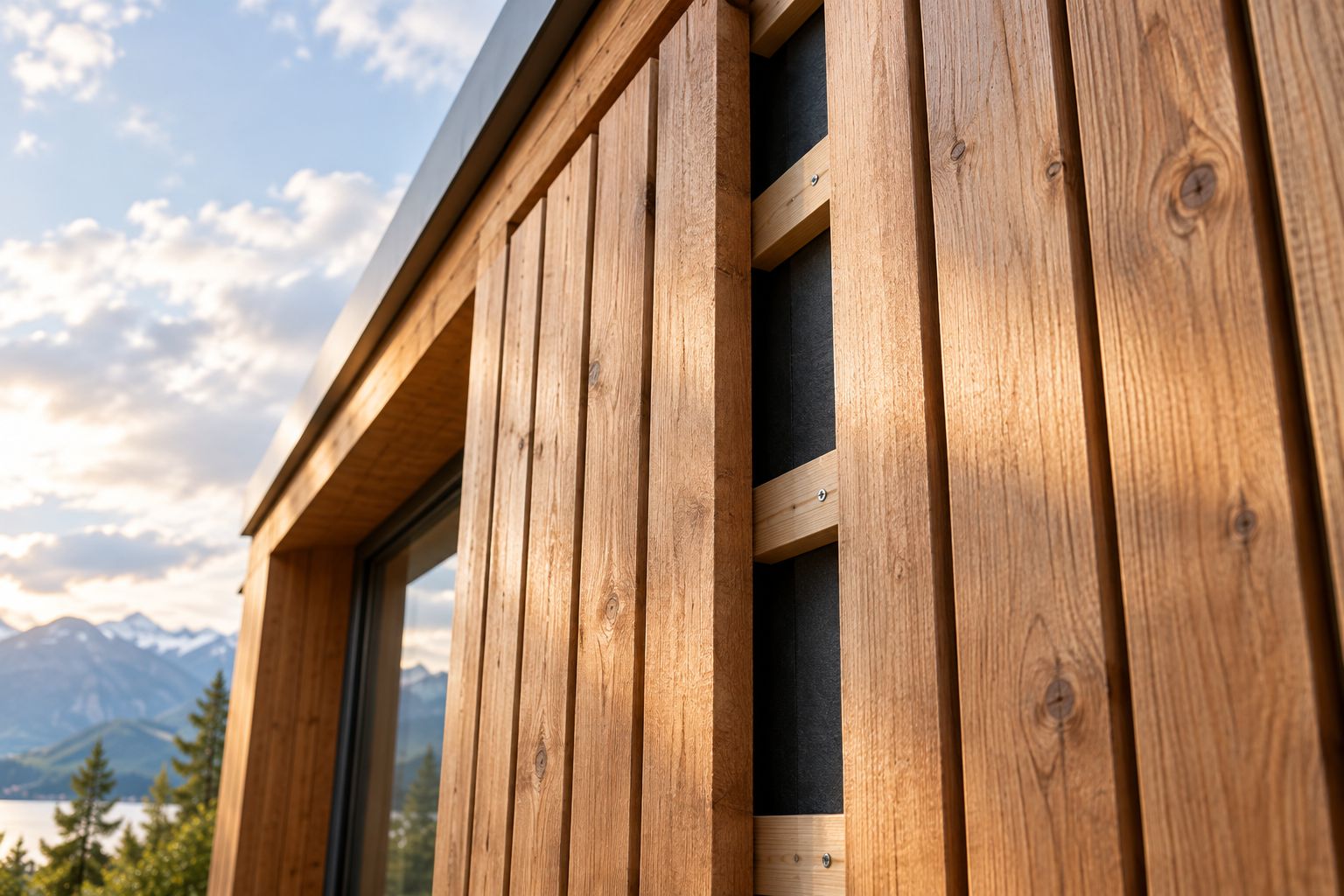 Wetterfeste Holzfassade mit sichtbarem Hinterlüftungsspalt hinter den Fassadenbrettern