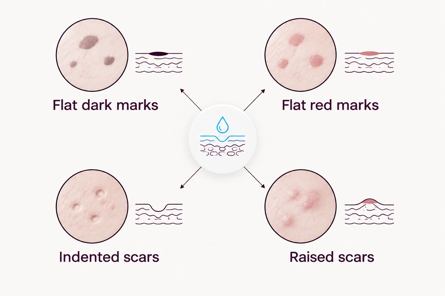 Comparison of flat post-acne marks with indented and raised back acne scars