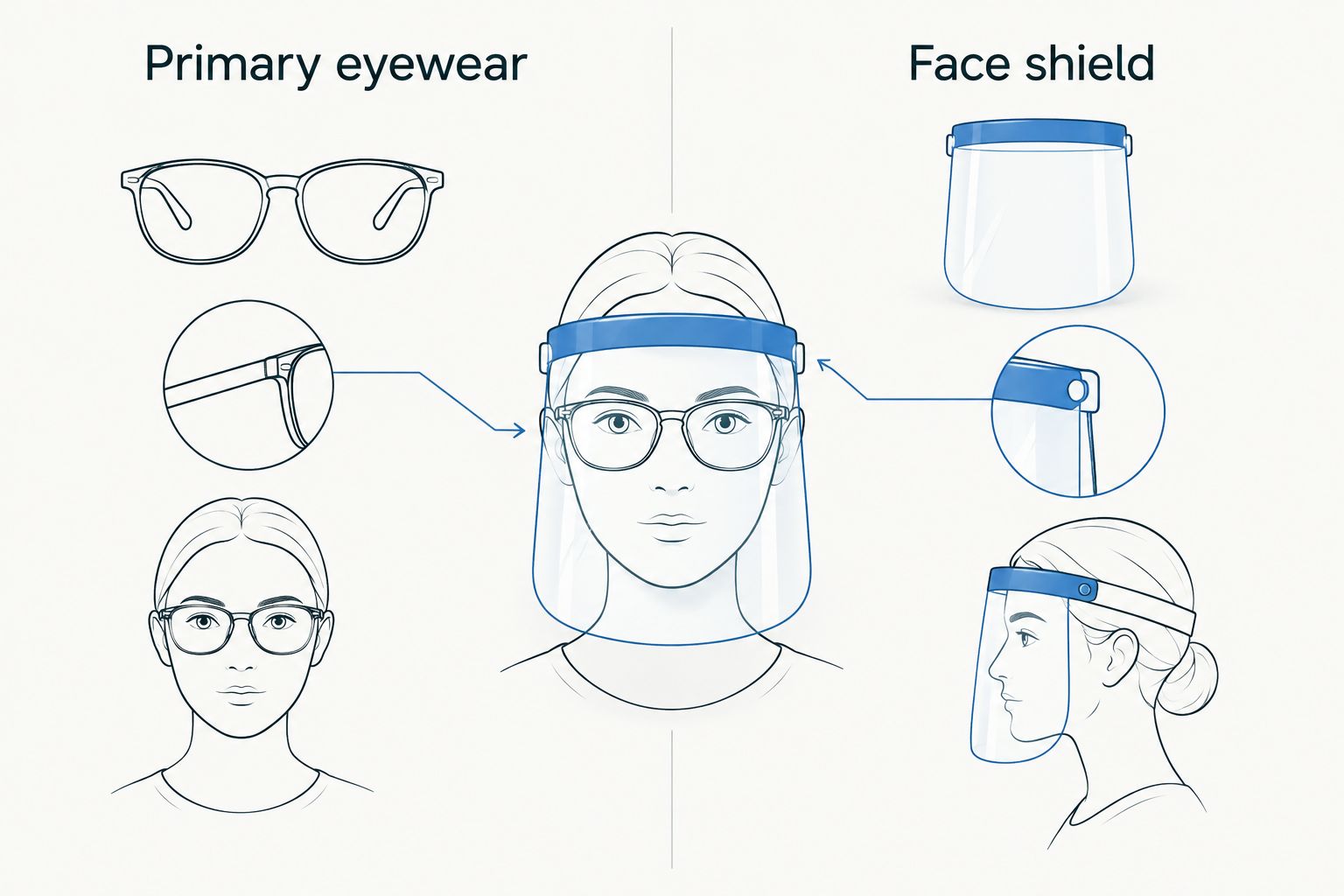 Diagram showing primary eyewear protecting the eyes beneath a face shield covering the face