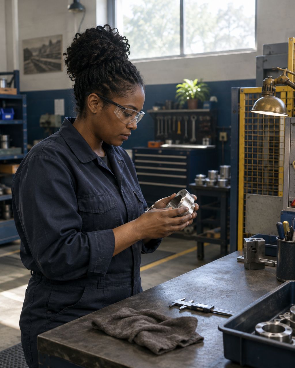 Illustrative image of an African American machinist wearing safety glasses while checking a guarded machine