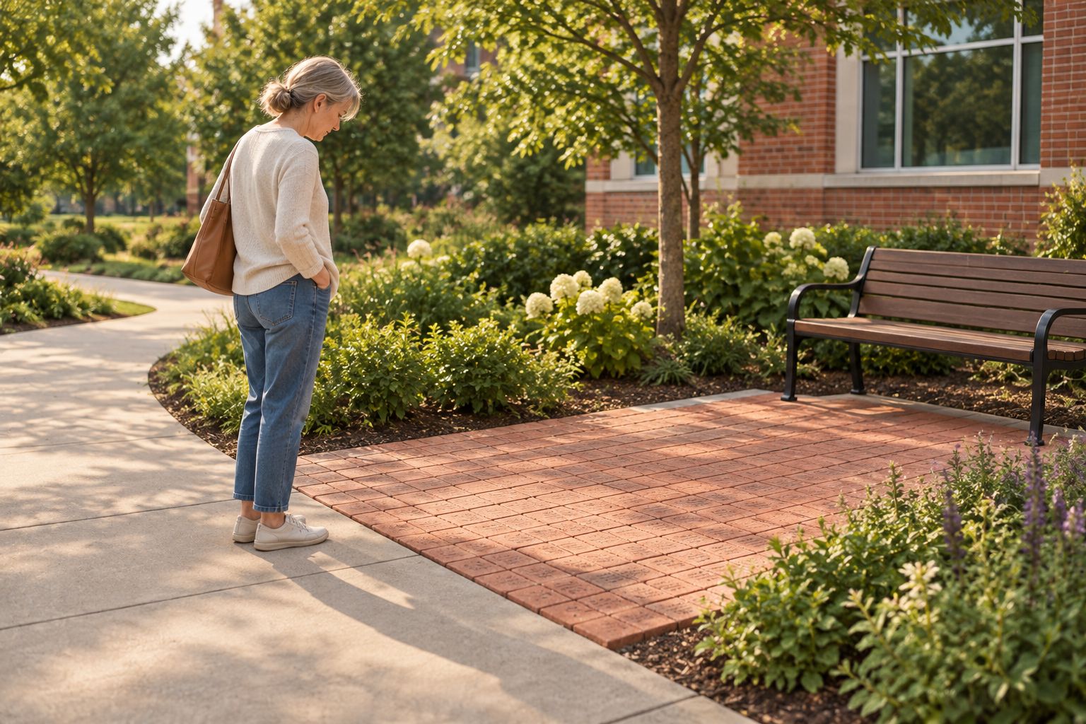 Memorial garden with brick paving, planting, a bench, and room to pause beside the walking route