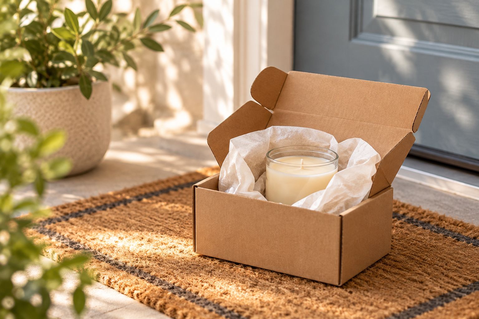 Delivery box with a wrapped candle arriving on a doorstep