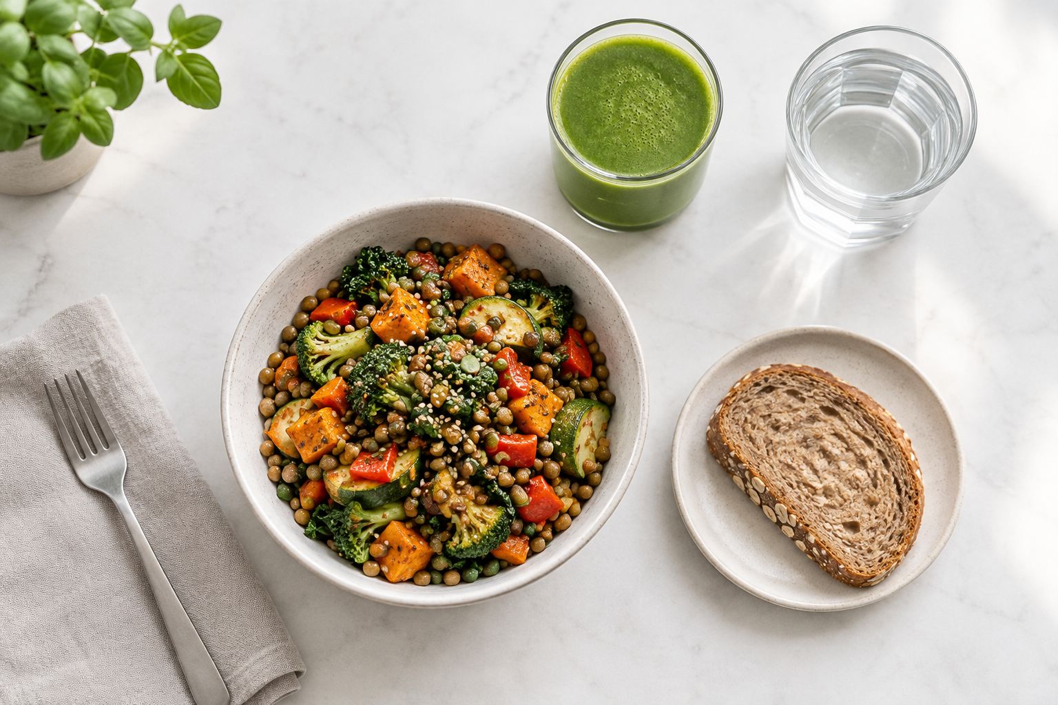 Balanced lunch with lentils, vegetables, wholegrain bread, juice and water