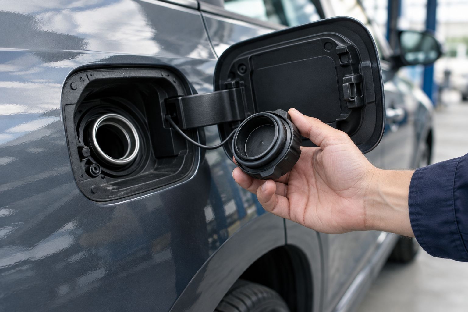 A removable fuel cap held beside a parked car’s open fuel filler