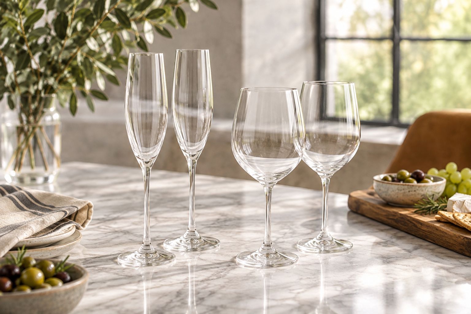 Empty tulip-shaped and white-wine glasses showing room for sparkling-wine aromas.