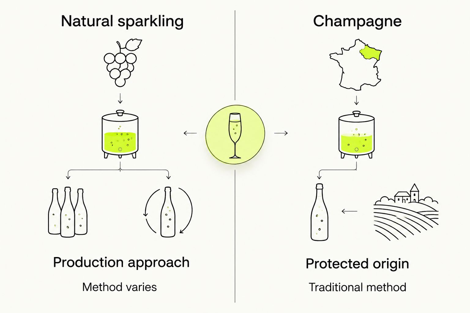 Natural sparkling describes an approach; Champagne identifies protected origin and traditional-method production.