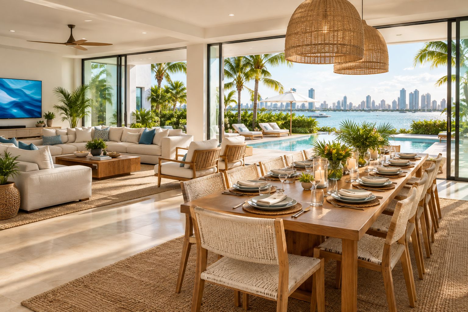 Open living and dining area in a large South Florida vacation home