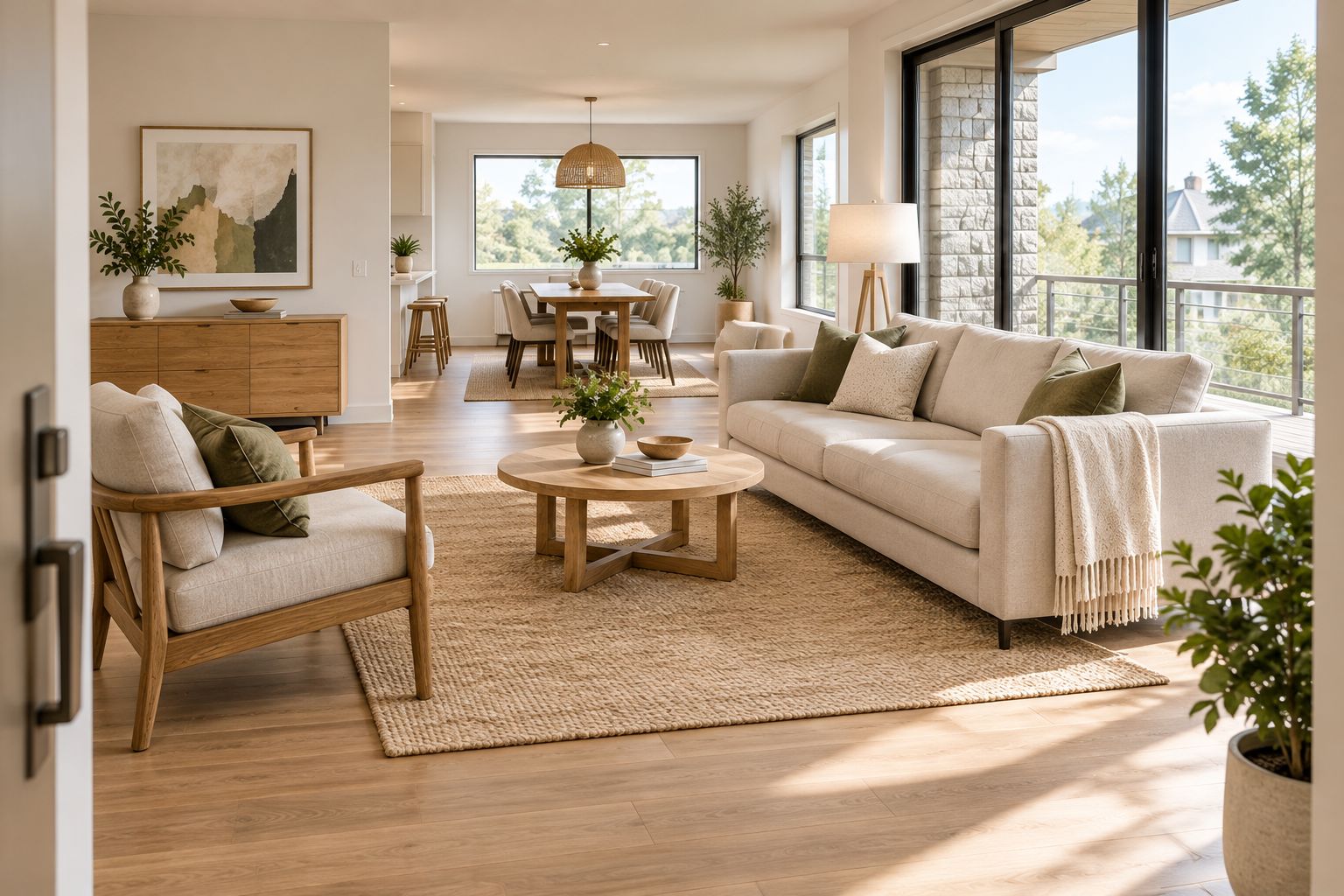 Open-plan living and dining room with distinct furniture zones and clear walking routes