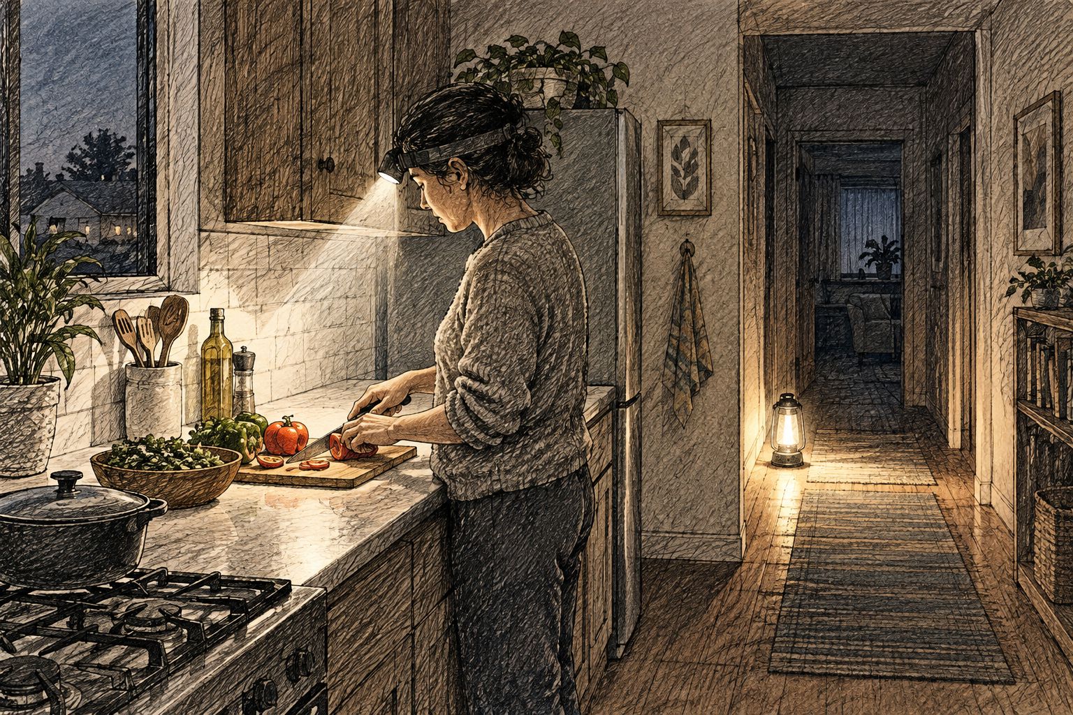 Hands-free kitchen task lighting with a separate light illuminating a household passage