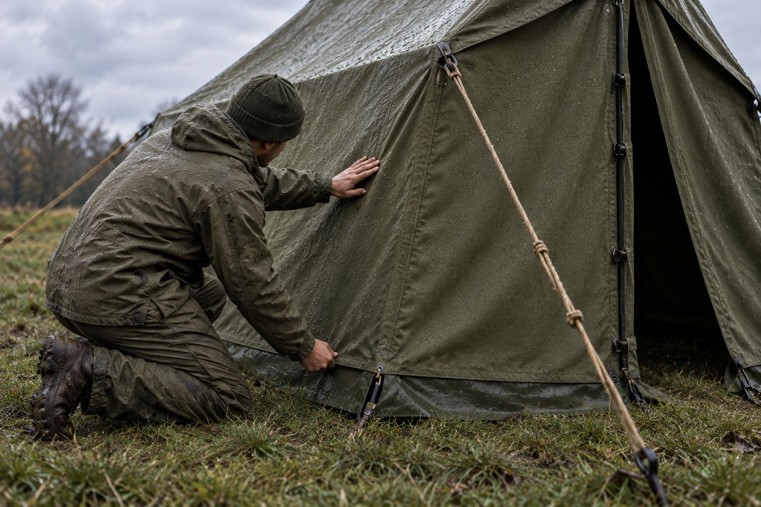 Hands checking the stitching and lower edge of a pitched canvas tent