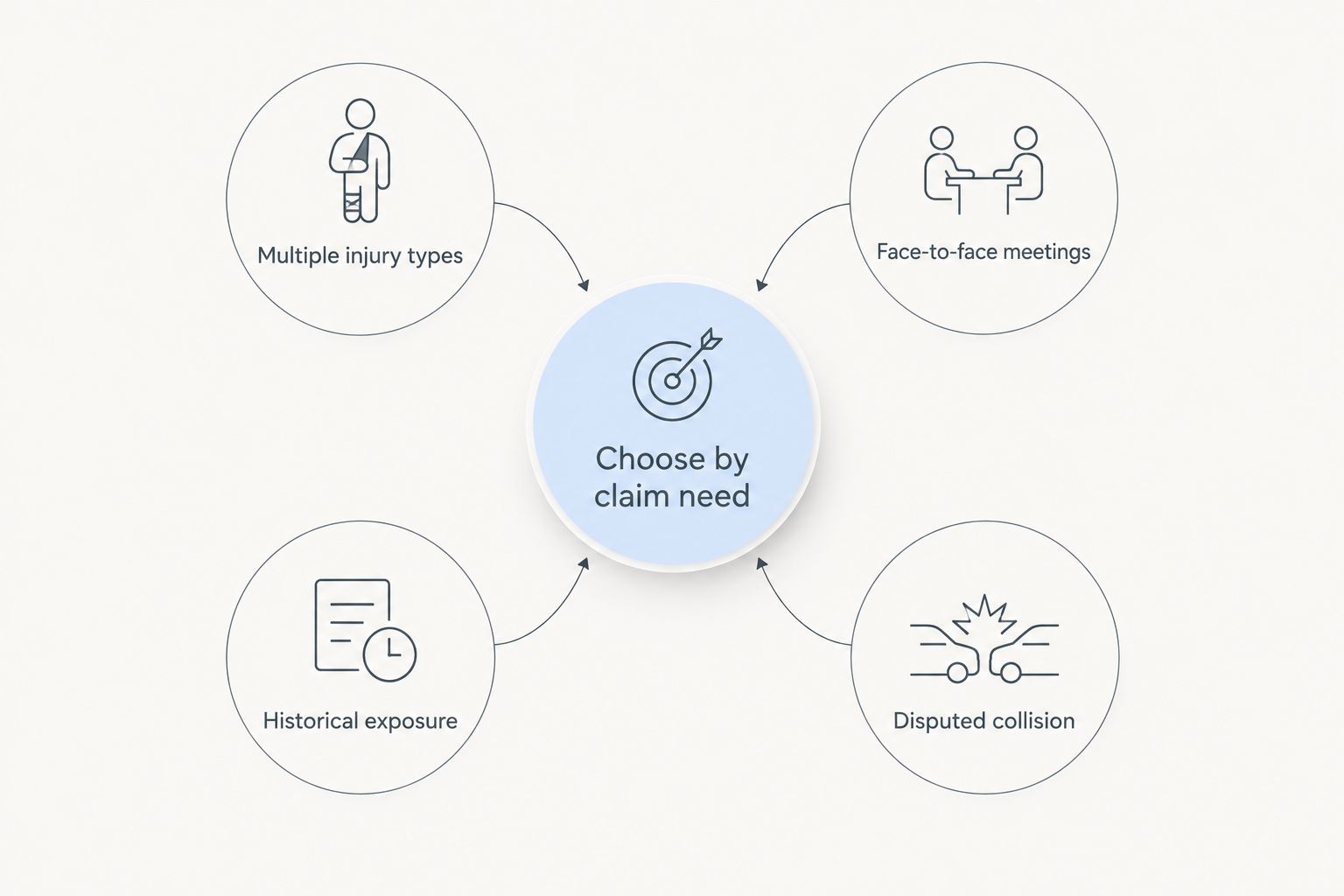 Four claim needs around a central solicitor-choice hub