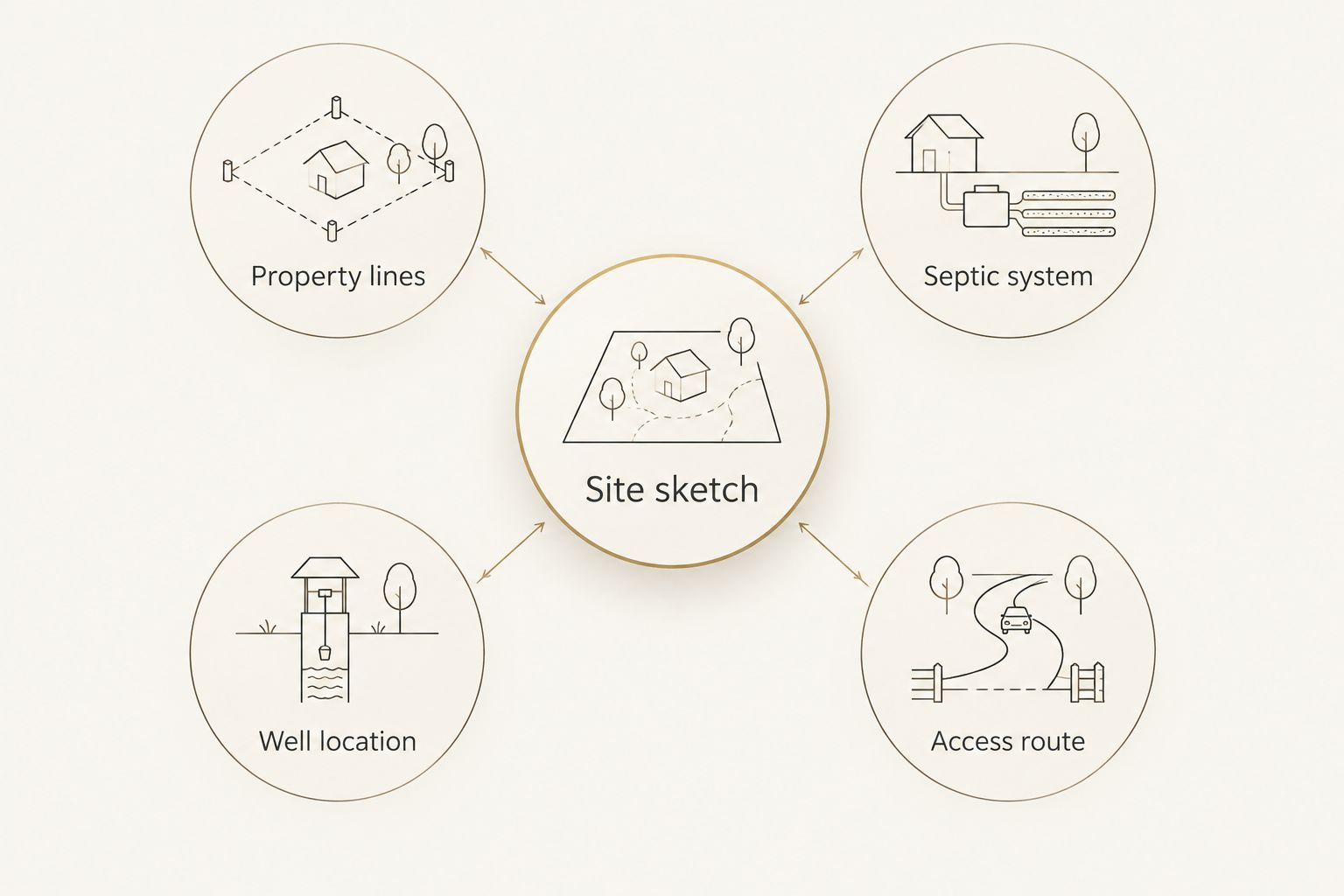 Site sketch connecting property boundaries, septic system, well location, and construction access
