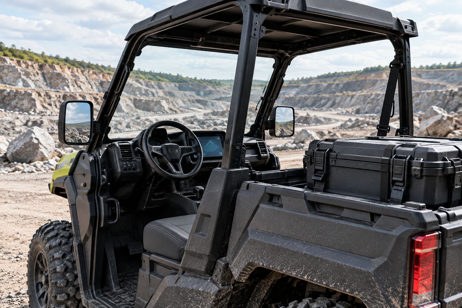 Utility UTV with clear glazing, side mirrors, secured cargo, and unobstructed controls