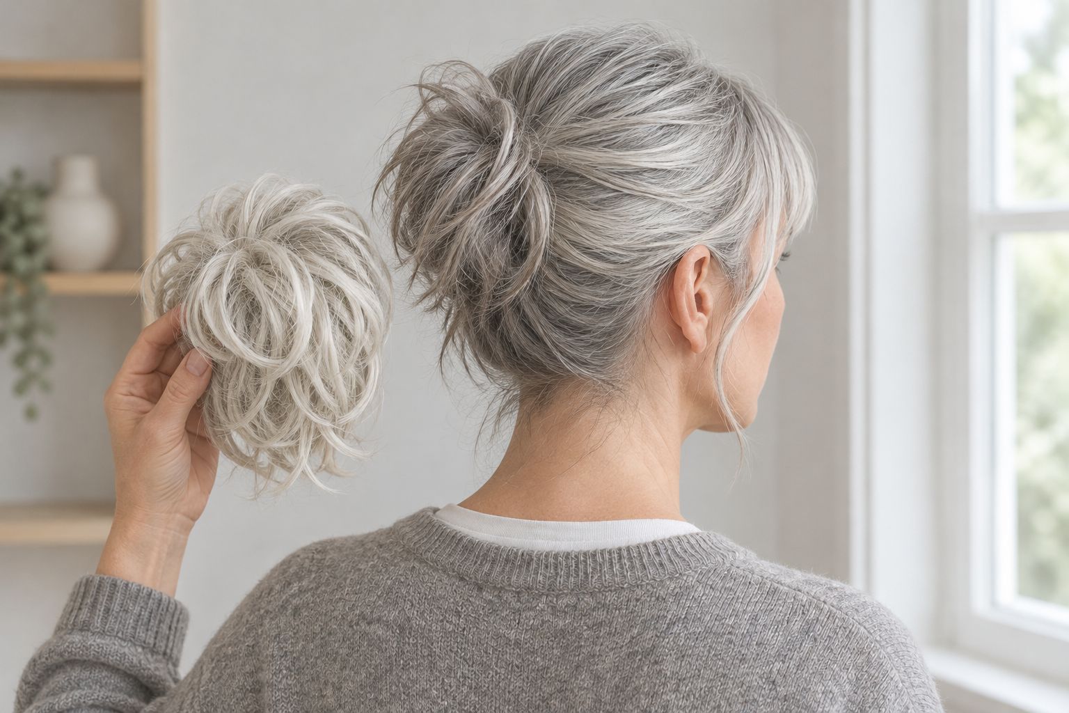 Woman comparing a synthetic bun hairpiece with her grey hair beside a window