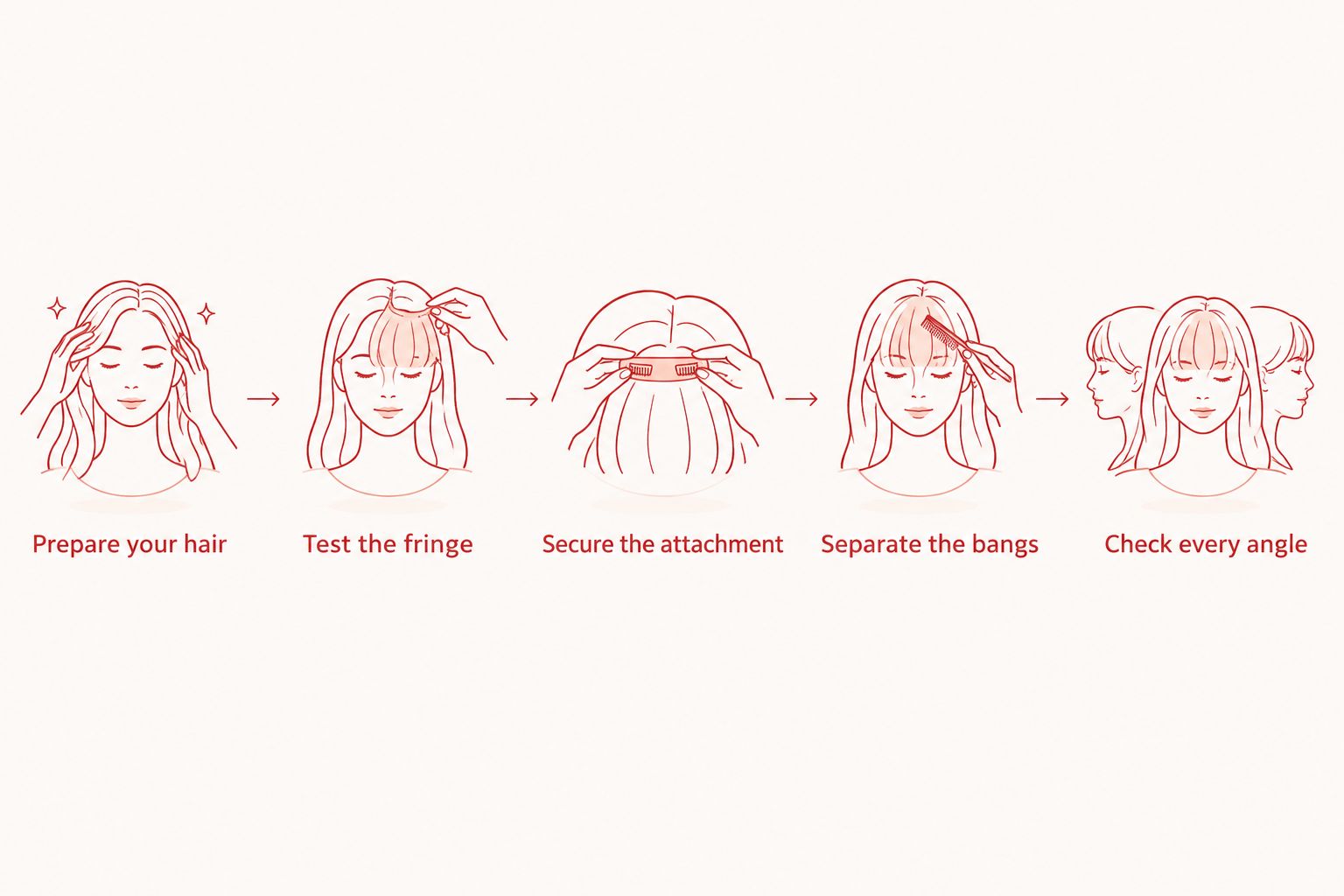 Five steps for positioning a bun hairpiece and checking the fringe