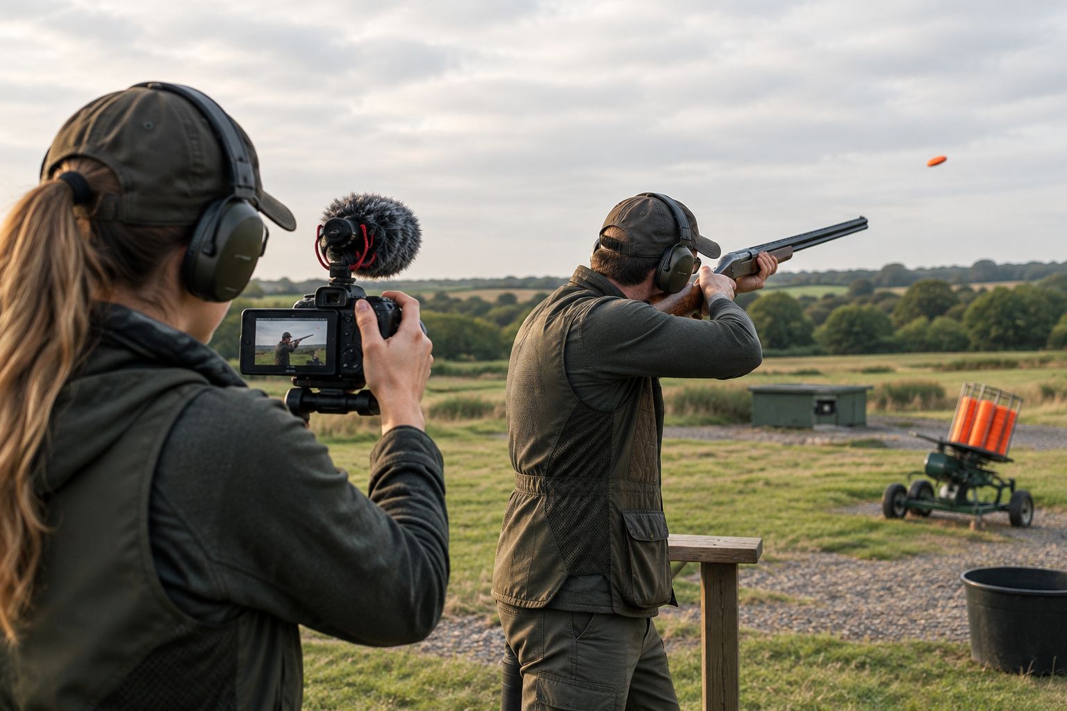 Creator filming a shooting instructor on a clay pigeon range