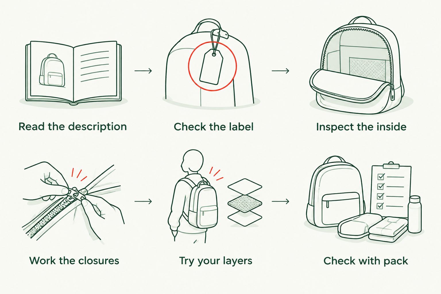 Six checks for a surplus waterproof, from reading the description to testing it with a rucksack.