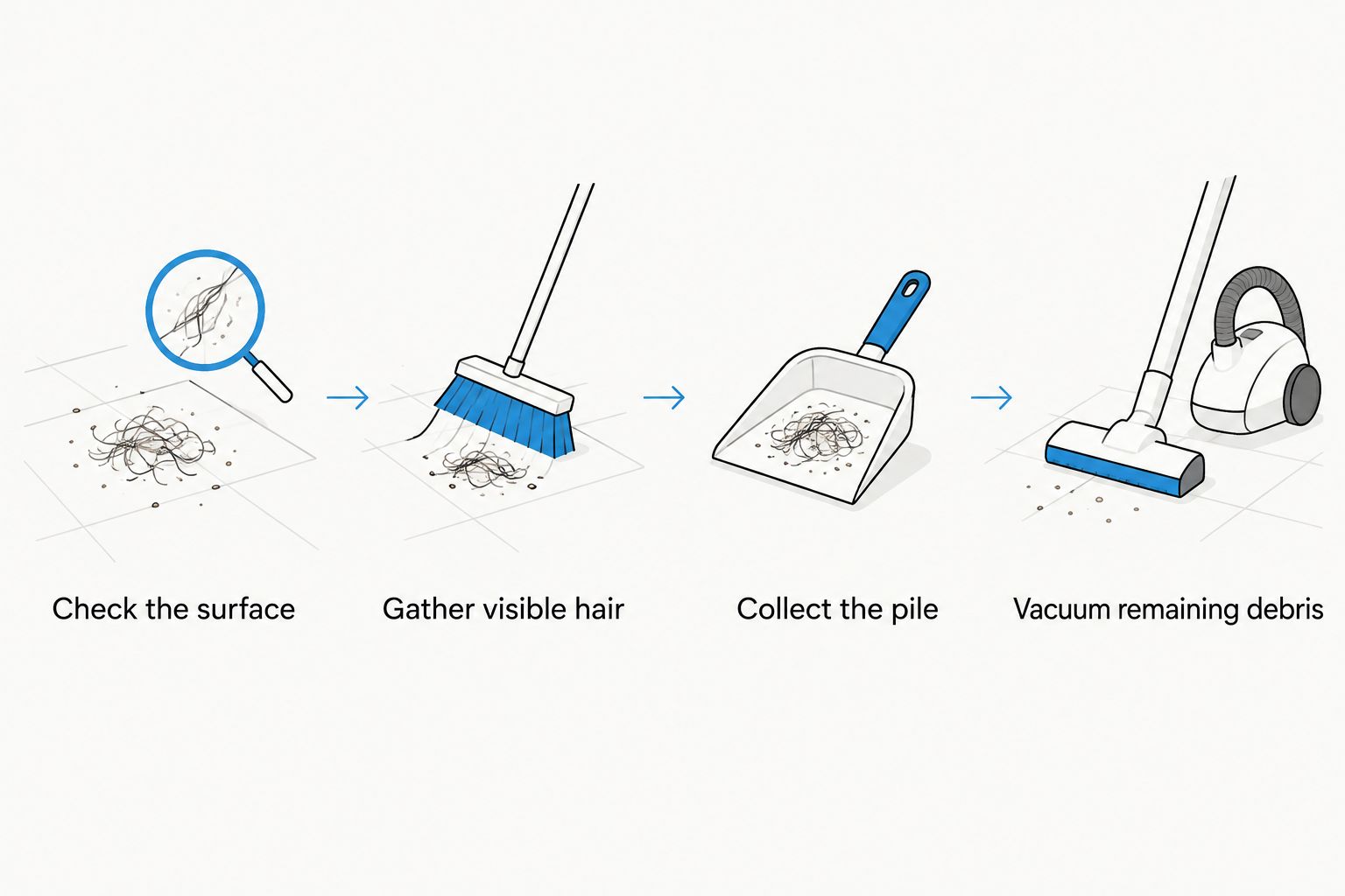 Cleaning sequence from checking the surface to gathering hair, collecting it, and vacuuming remaining debris