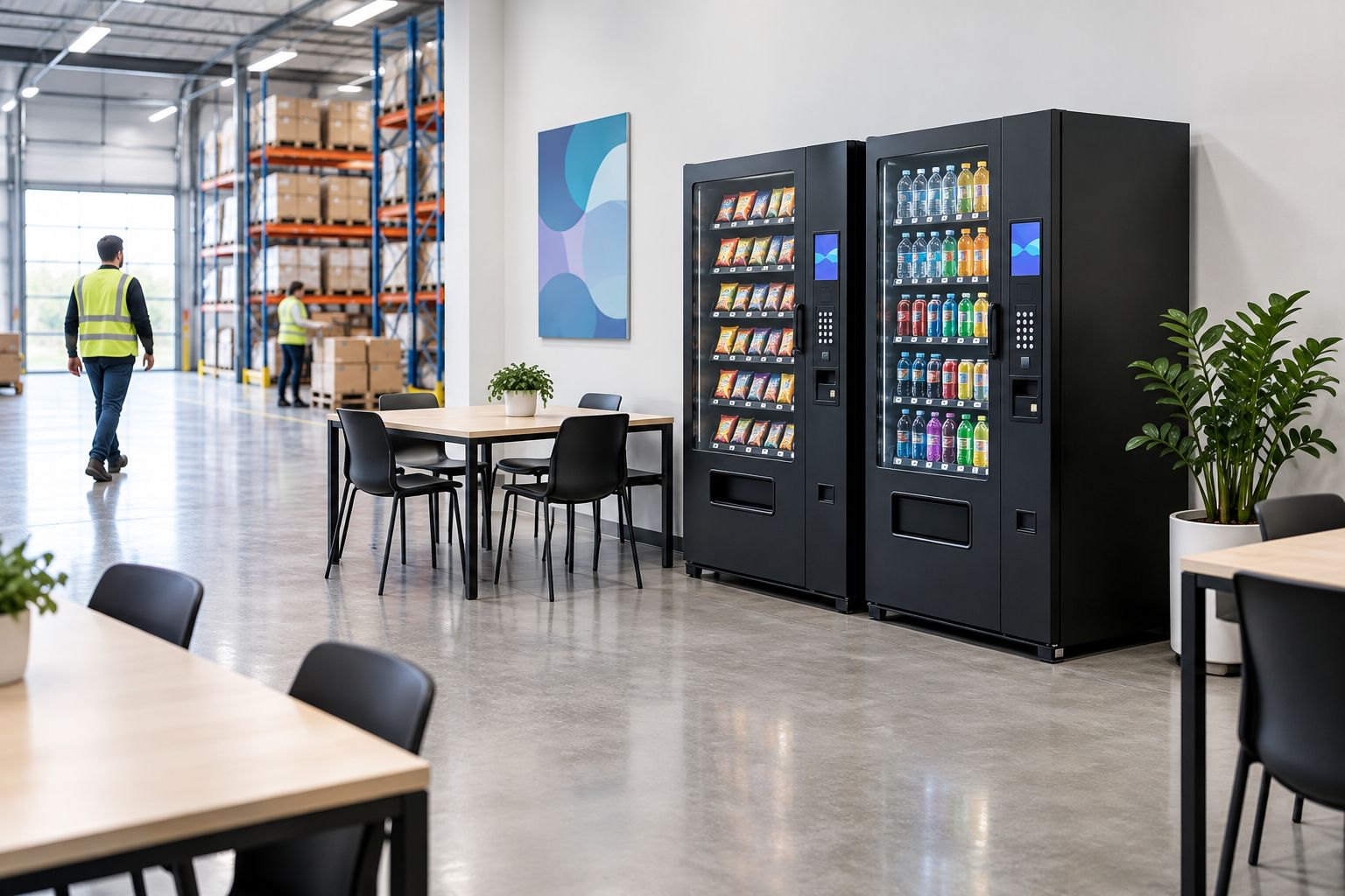 Generic vending machines beside a warehouse break area with an unobstructed walking aisle