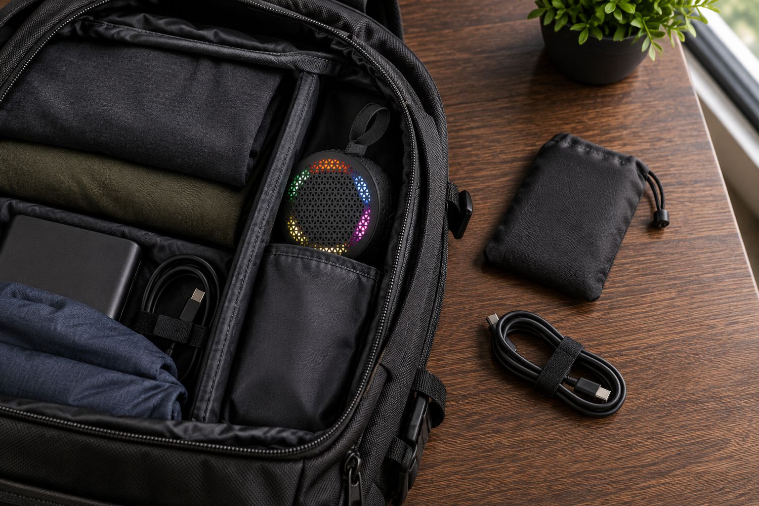 Compact speaker, cable, and pouch beside an open travel backpack
