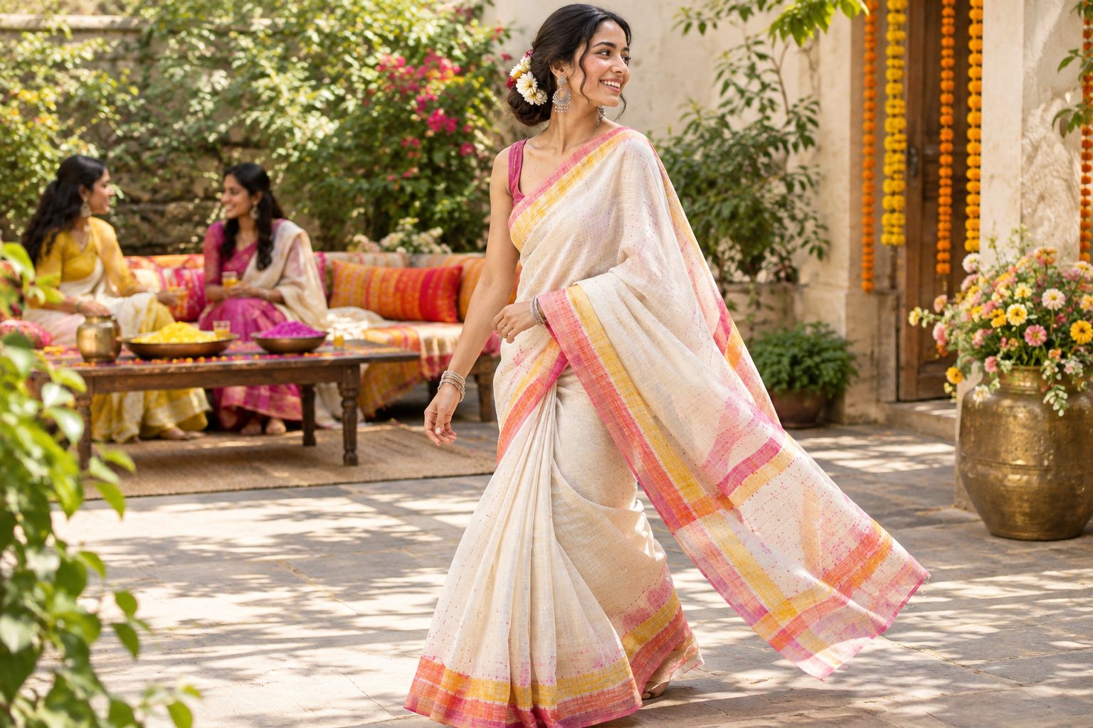 Cotton saree drape during a daytime courtyard gathering