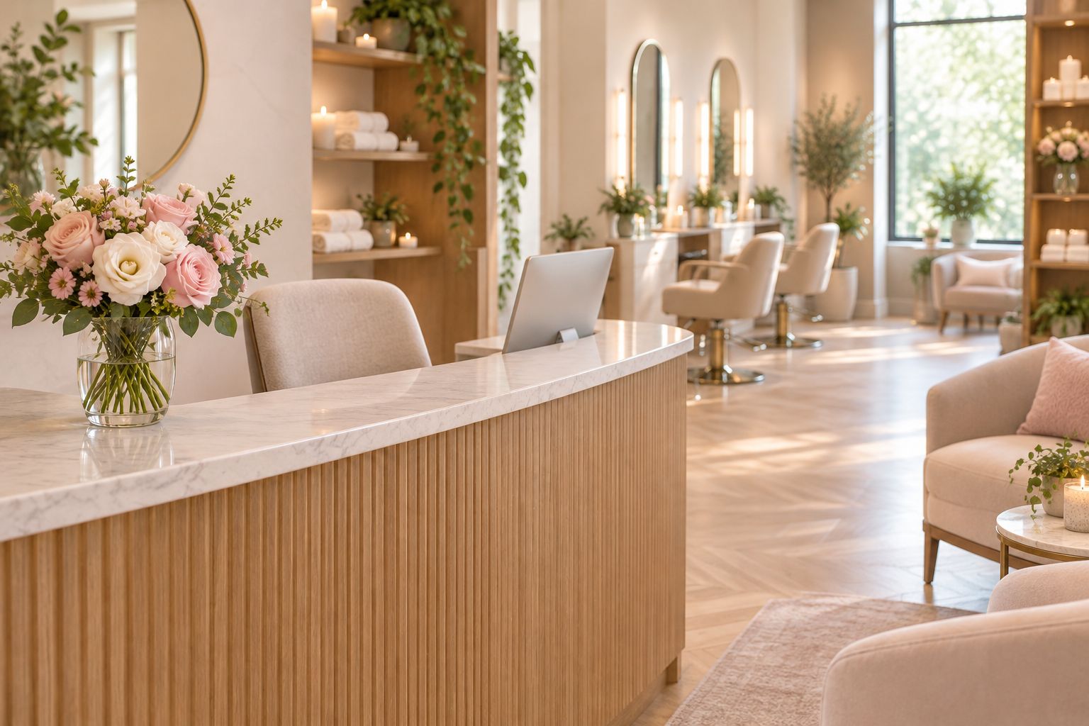 Compact rose bouquet beside a clear salon reception workspace