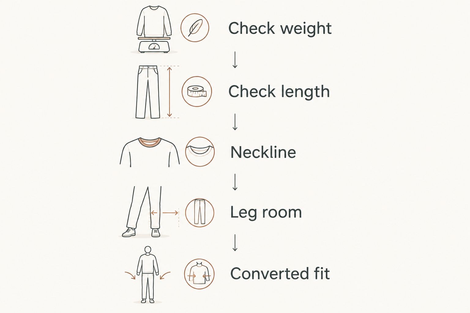 Gown sizing checks from weight and length to neckline, leg room, and converted fit