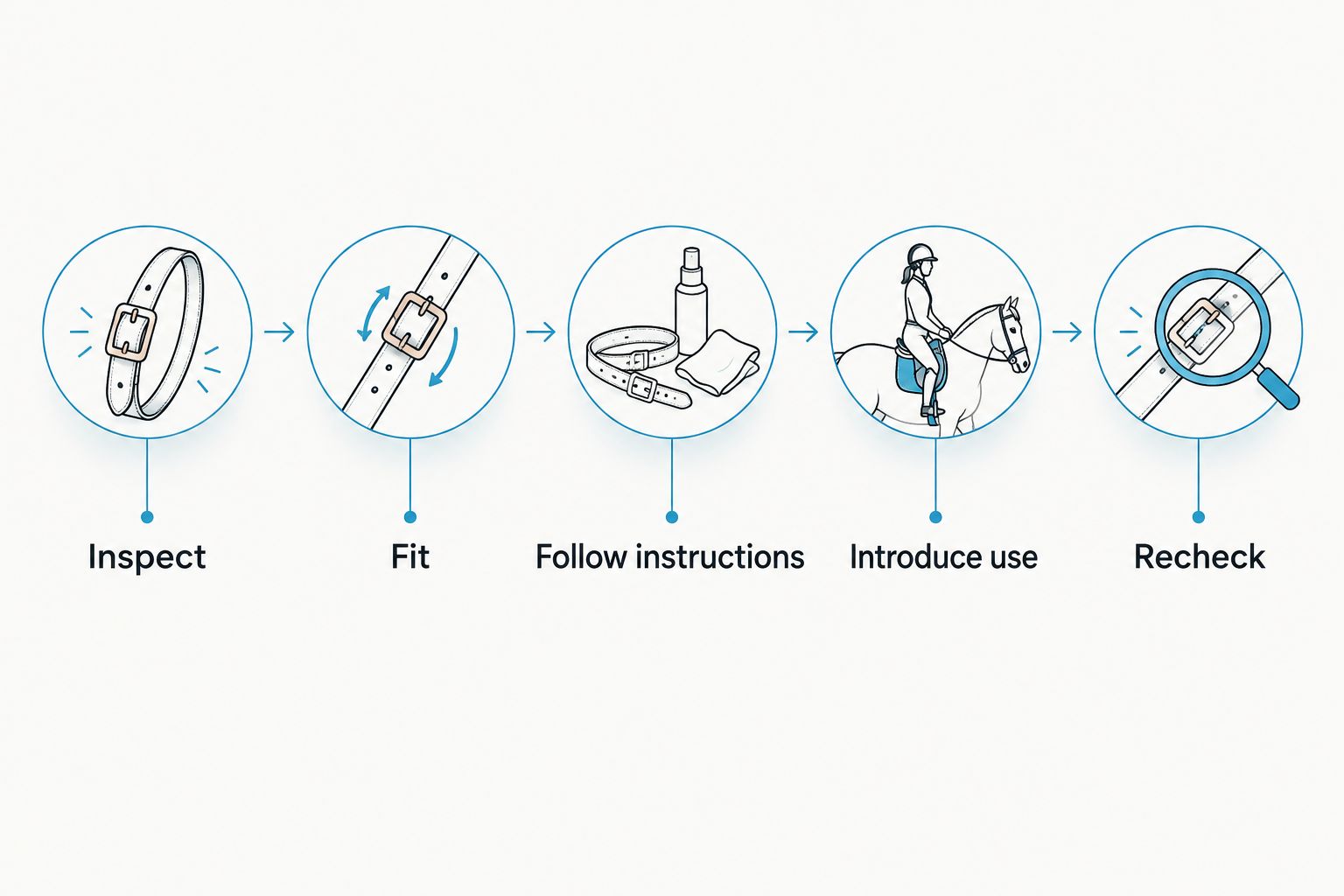 Five steps for introducing new leather tack, from inspection through rechecking after use.
