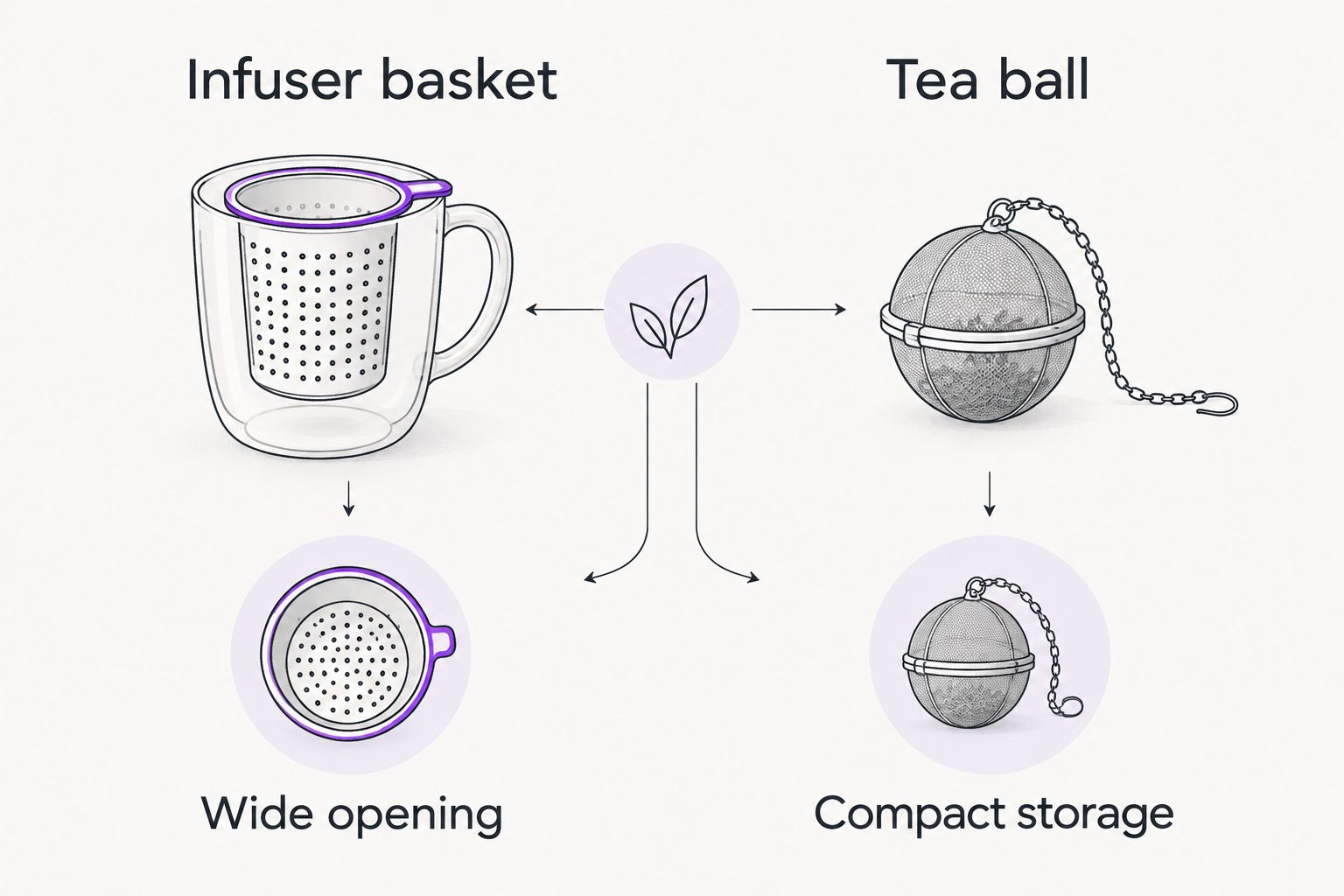 Basket and tea ball comparison showing a wide opening versus compact storage
